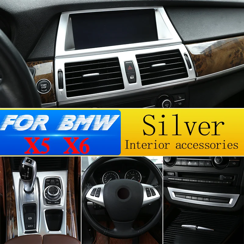 

Silver ABS Car Gear Panel Sticker Steering Wheel Decoration Strip Frame Cover For BMW X5 X6 E70 E71 2008-2013 Interior Accessory