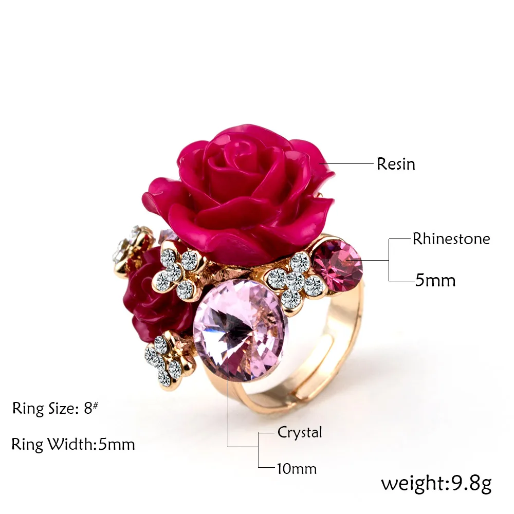 New 7 colors Resin Rose Flowers Gold Color Crystal Adjustable Opening Ring for Women Wedding Statement Finger Rings