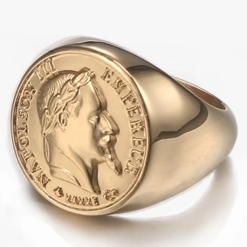 French Napoleon III Emperor Signet Ring Gold For Men Stainless Steel Francs Coin Jewelry Punk Size 7-14