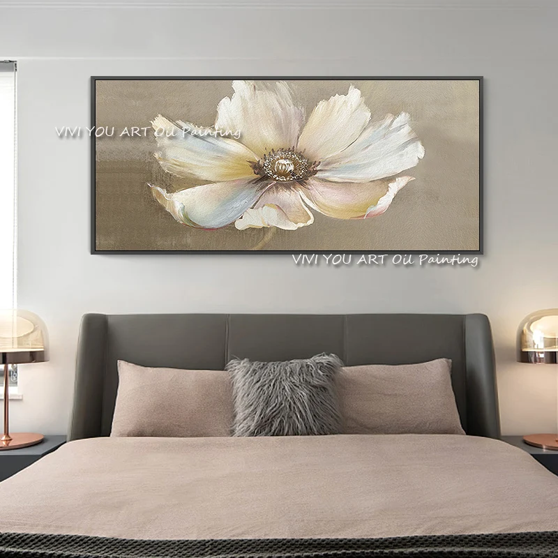 

100% Handmade Abstract Gold Foil Canvas Flower oil painting Large Size White Wall Art for Living Room Home Decoration Gift