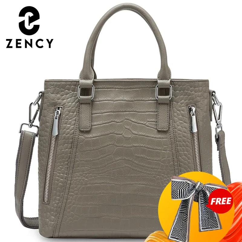 Zency Casual Tote Handbag 100% Genuine Leather High Quality Lady Shoulder Bag Fashion Women Crossbody Bags Black Grey