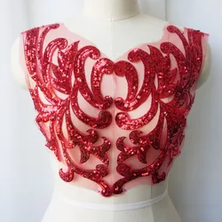 2 pezzi 46CM Appliques in tessuto di pizzo con paillettes rosse cucire su toppe maglia decorazione di cerimonia nuziale ricamo per abito da sera sposa fai da te