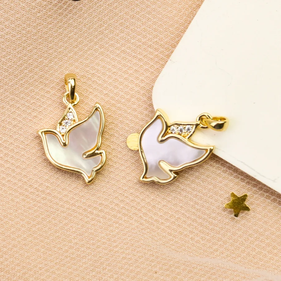 Natural White Shell Peace Dove Bird Charms Inlaid Zircon Gold Plated Pendant Earrings Necklace Women DIY Jewelry Accessories