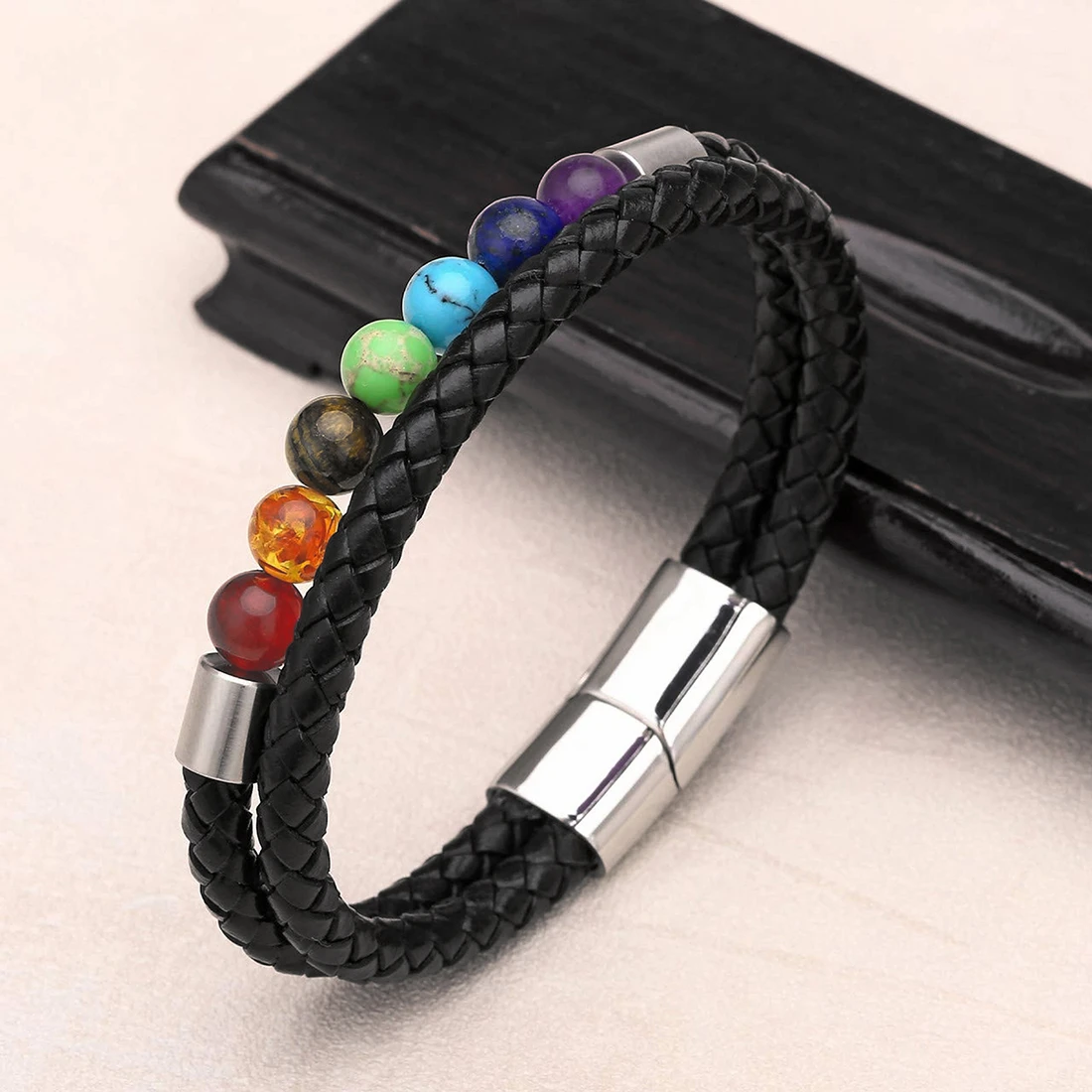 New Stainless Steel Men's Bracelet 7 Color Yoga Healing Stone Bead Bracelet Leather Couple Charm Bracelet Jewelry Gift