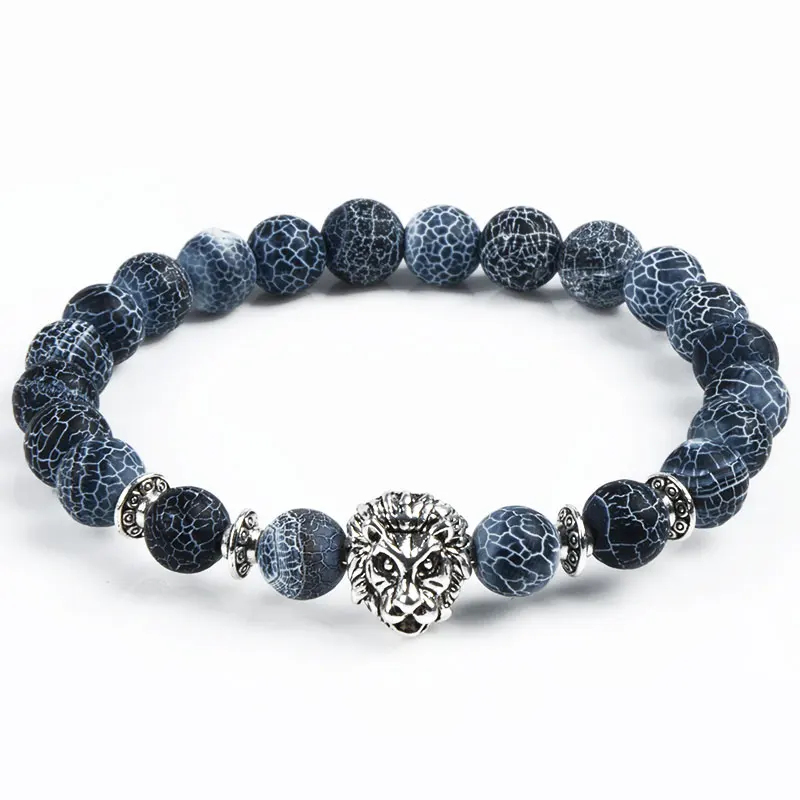 Lion Buddha Beads Bracelets Natural Weathered Stone Tiger Eye Black Agate  Elastic Rope Energy Healing For Women Men