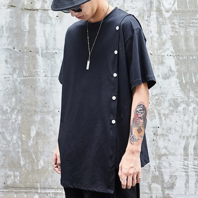 

Men Irregular Black T-shirt 2022 New Fashion Hip Hop Loose Fit Short Sleeve Punk Style Tees Single Breasted Streetwear Tops Male