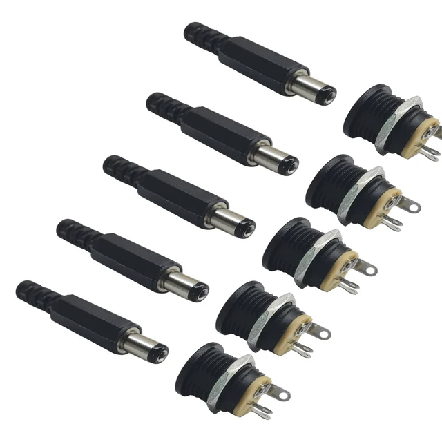 10 SZTUK (5 par) DC12V 5,5 x 2,1 mm Plastikowe wtyczki męskie DC022 Gniazdo zasilania DC Żeńskie gniazdo Śruba Nakrętka Złącze do montażu panelowego