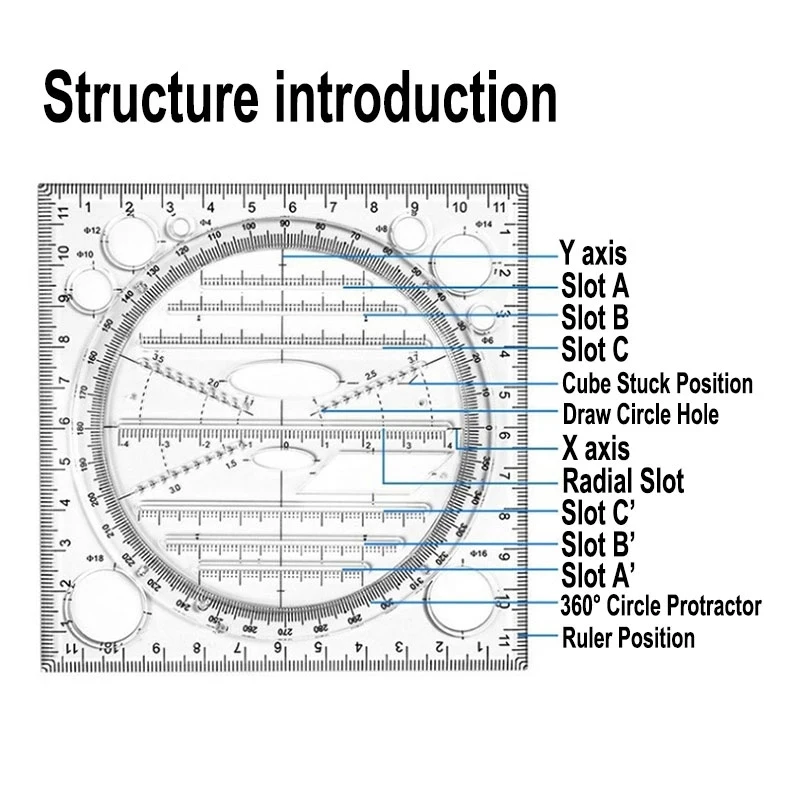 Rotatable multifuncional desenho régua matemática figura geométrica régua aprendizagem artigos de papelaria