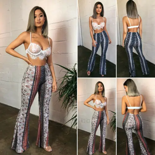 Retro Trendy Slim Casual Street Hippie Women Boho Print Long Pants High Waist Flared Wide Legs Summer Bell Bottom Trousers S-XL