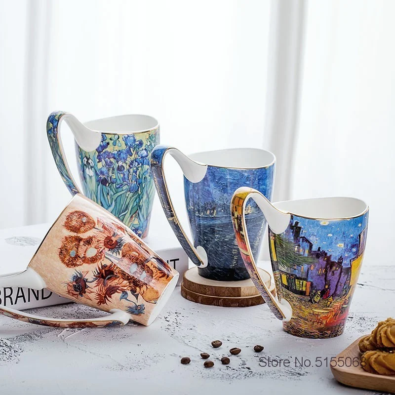 Van Gogh Famous Oil Painting Coffee Mug For Cafe Restaurant Top Grade Bone China Artwork Cups Breakfast Milk Tumbler As Present