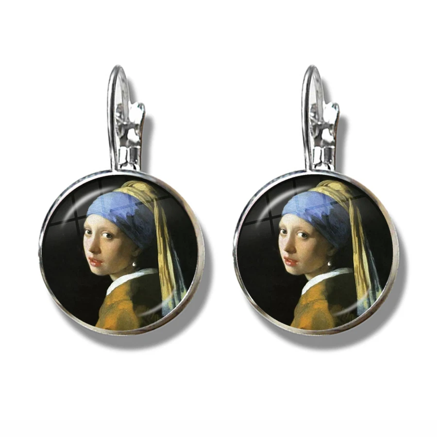 Hot Fashion Earrings Vermeer Oil Painting Girl Wearing Pearl Stud Earrings Glass Cabochon Jewelry for Women Gift