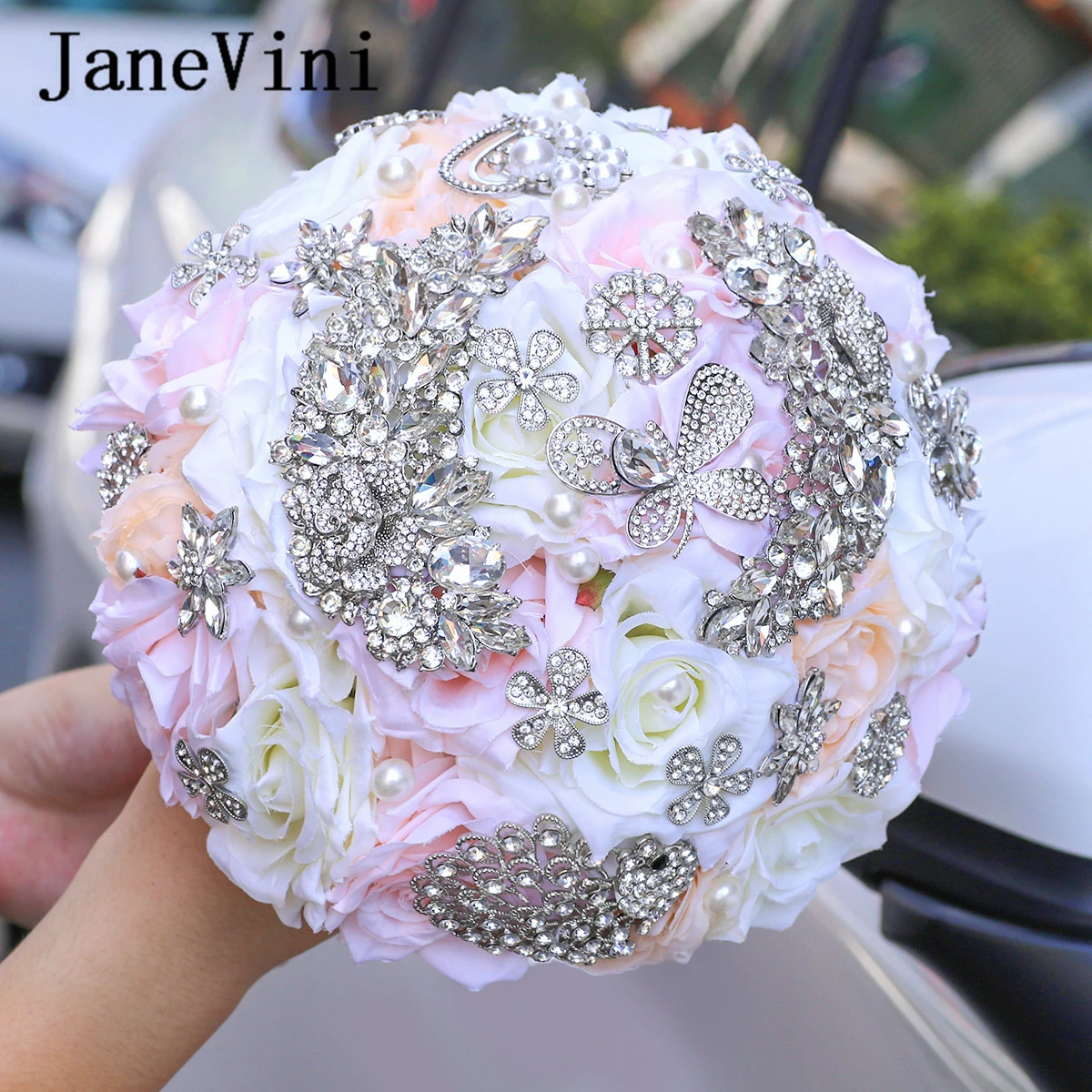 JaneVini Luxury Diamond Pink Bridal Silk Flowers Sparkly Rhinestone Artificial Roses Bouquets Wedding Accessories Ramos De Novia