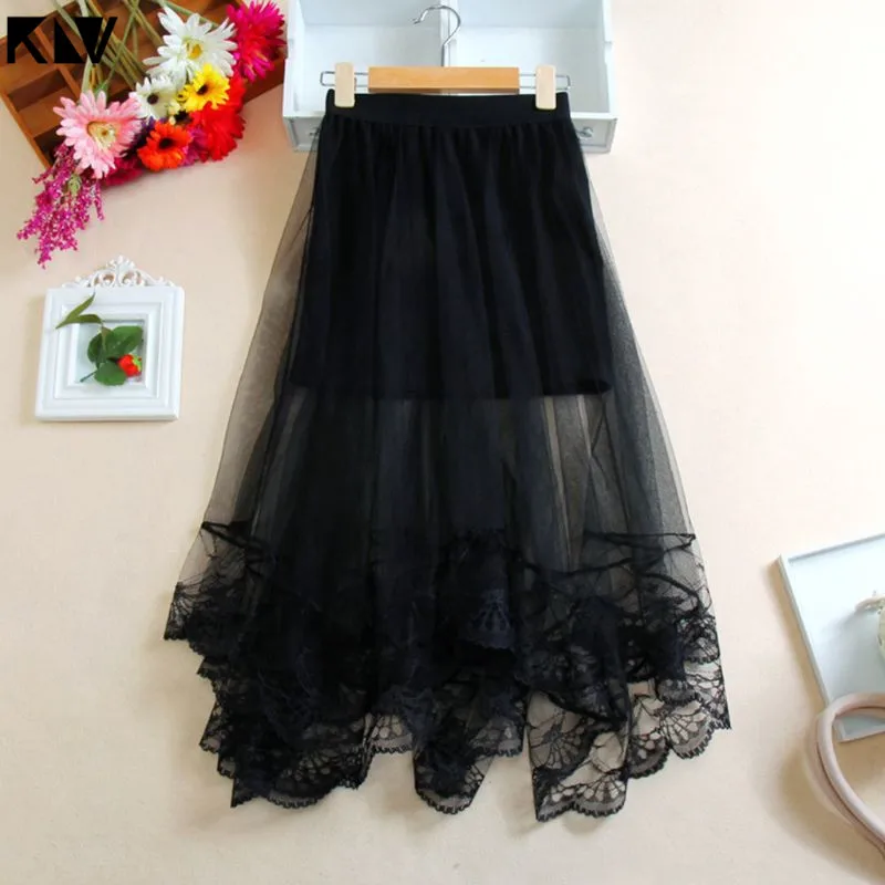 KLV High Waist Scalloped Lace Trim Midi Long Skirt Lined Solid Color Irregular Hem Pleated Double Layer Sheer Mesh Party Skirt