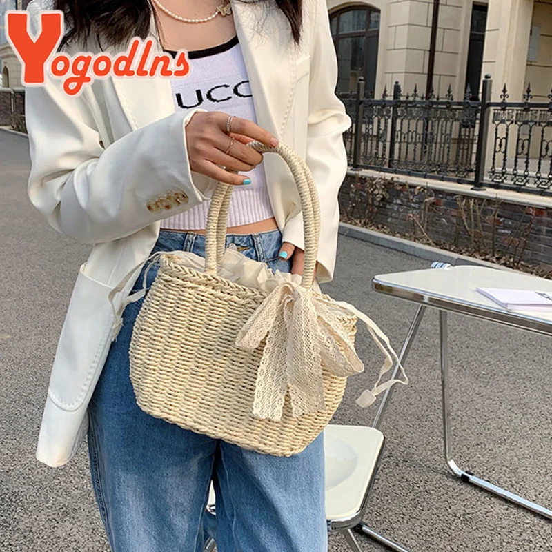 Yogodlns Hot Summer Lace Straw Bag Women Fashion Rattan Handle Bag Handmade Weave Handbag Vacation Lady Beach Bag Casual Pouch