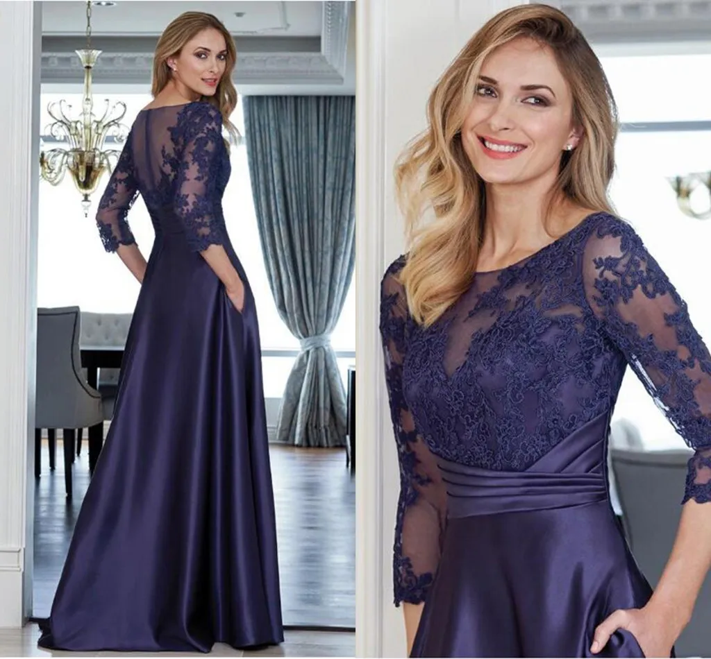 2022 Charmant Navy Blue Lace Jewel Avondjurken Drie Kwart Mouwen Lange Satin Prom Party Gown Robe De Soiree