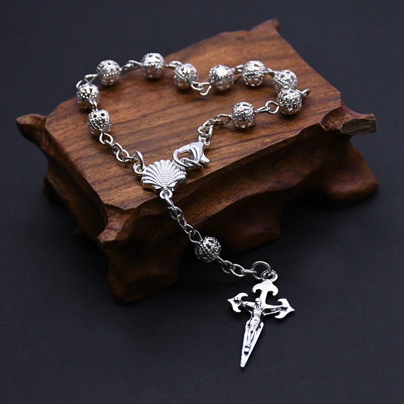 QIGO Vintage Hollow Out Metal Beads Cross Rosary Bracelet With Box Religious Pray Jewelry For Men Women