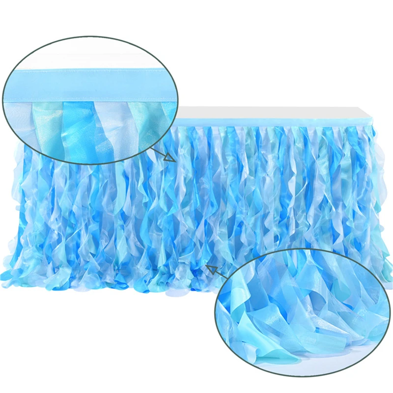 Colorful Blue Curly Willow Ployester Tulle Table Skirt Wedding Ruffled Cake Table Skirting Baby Shower Event Party Decoration