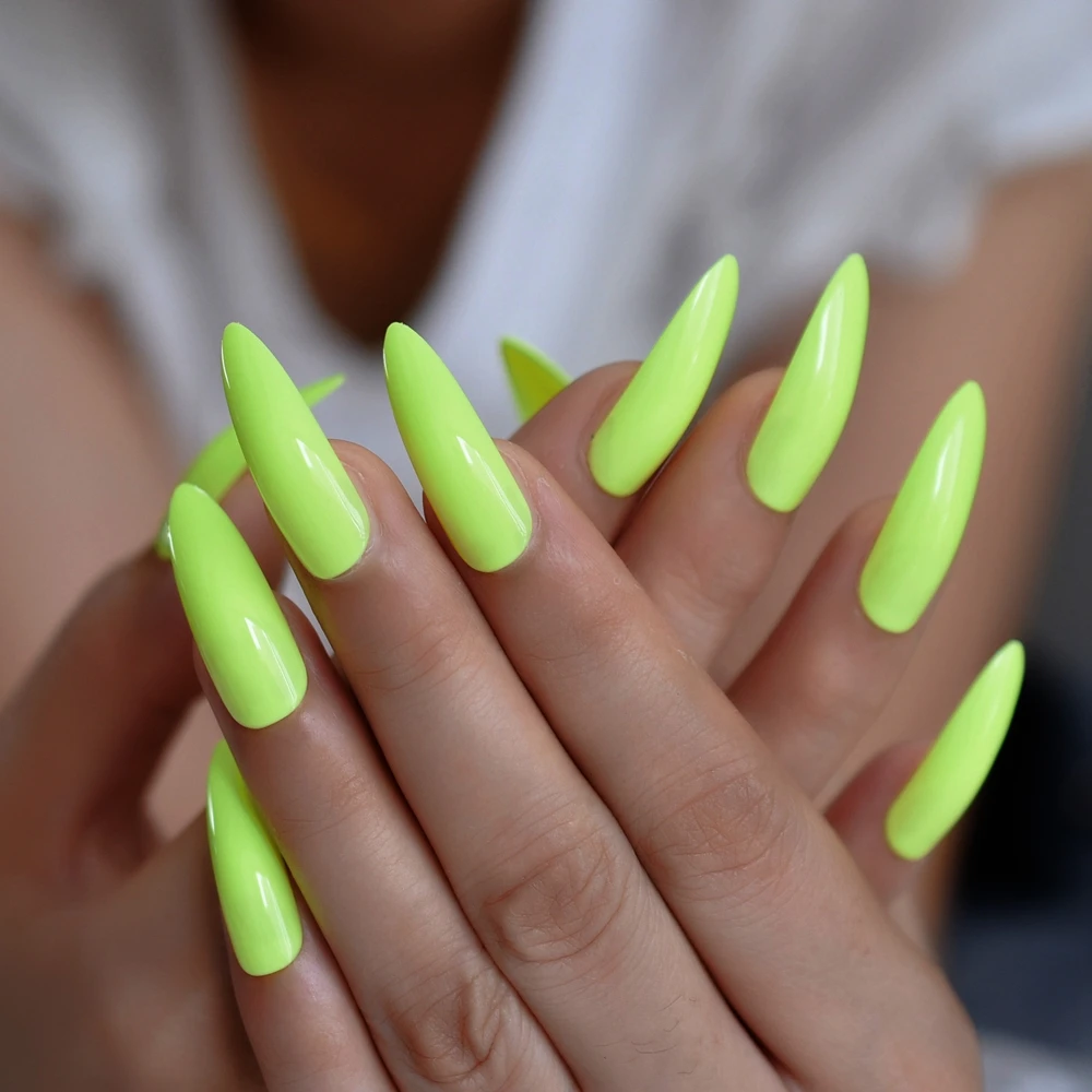 Neon Fluorescent Green Press on False Nails Extra Long Stiletto Pointed Gel Glue On Fake Fingersnails Free Adhesive Tapes