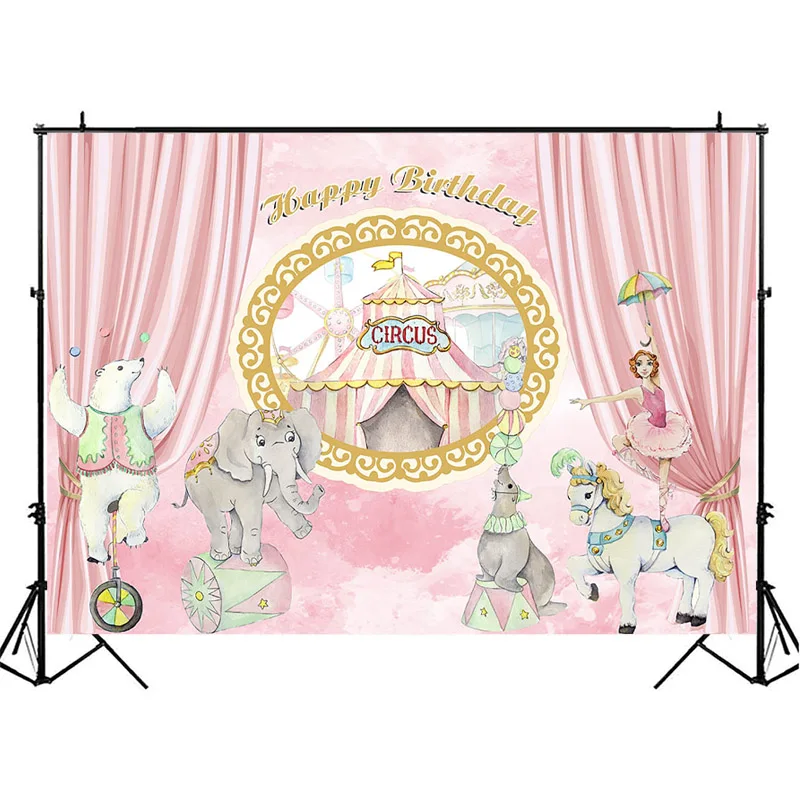 Mocsicka Circo Aniversário Fundo Rosa Cortina Dança Menina Fotografia Contexto Urso Elefante Decoração Banner Estúdio Prop