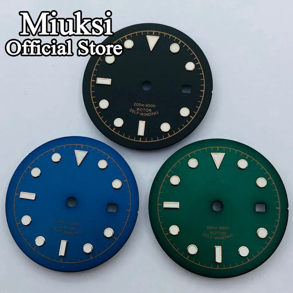 Miuksi 33.5mm black blue green watch dial luminous dial fit NH35 ETA2824 2836 Miyota 8215 Mingzhu DG2813 3804 PT5000 movement