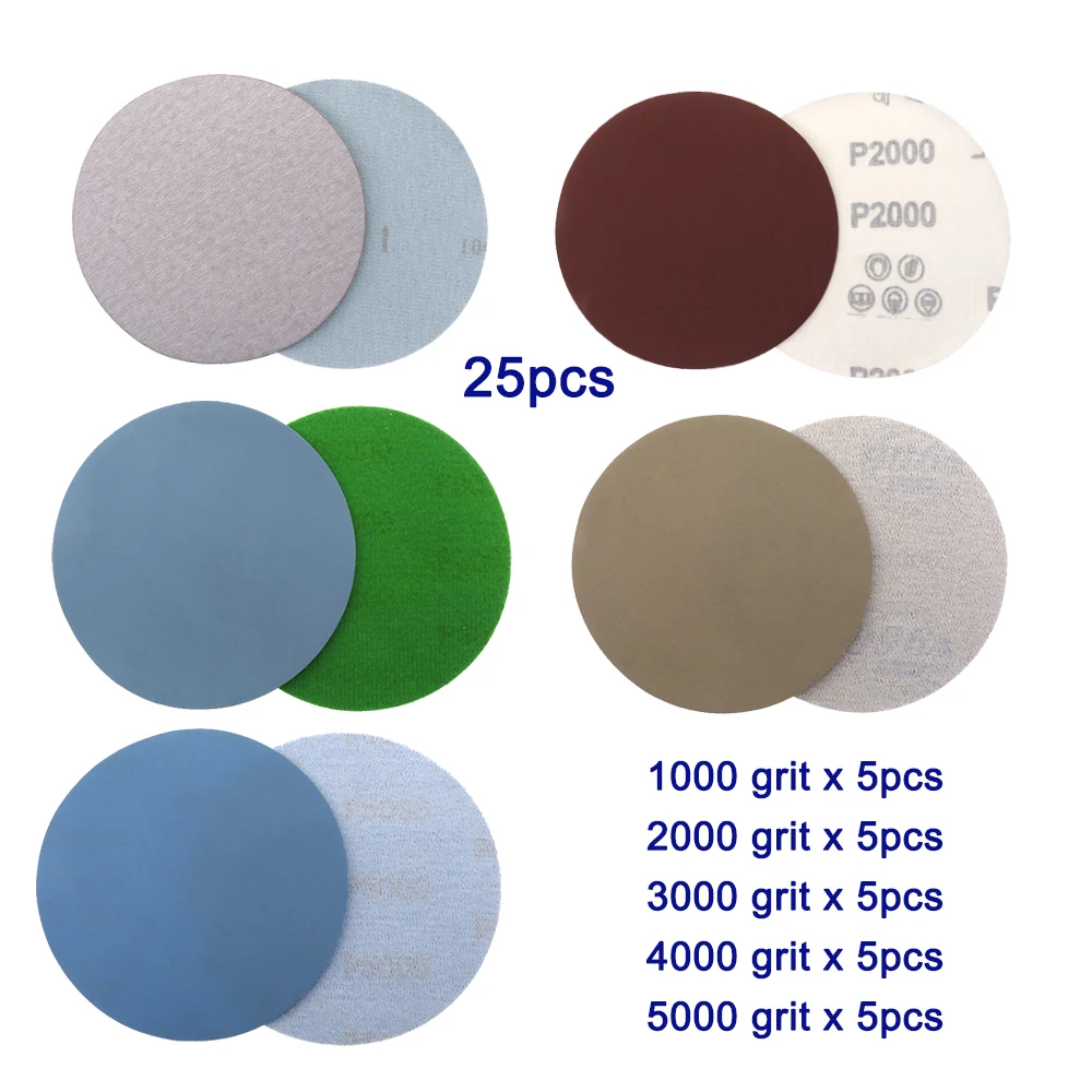 25PCS 1 /2/3/4/5 Inch Assorted Sandpaper Hook and Loop Sanding Disc 1000# /2000# /3000#/4000# 5000#Grits for  Sanding Polishing