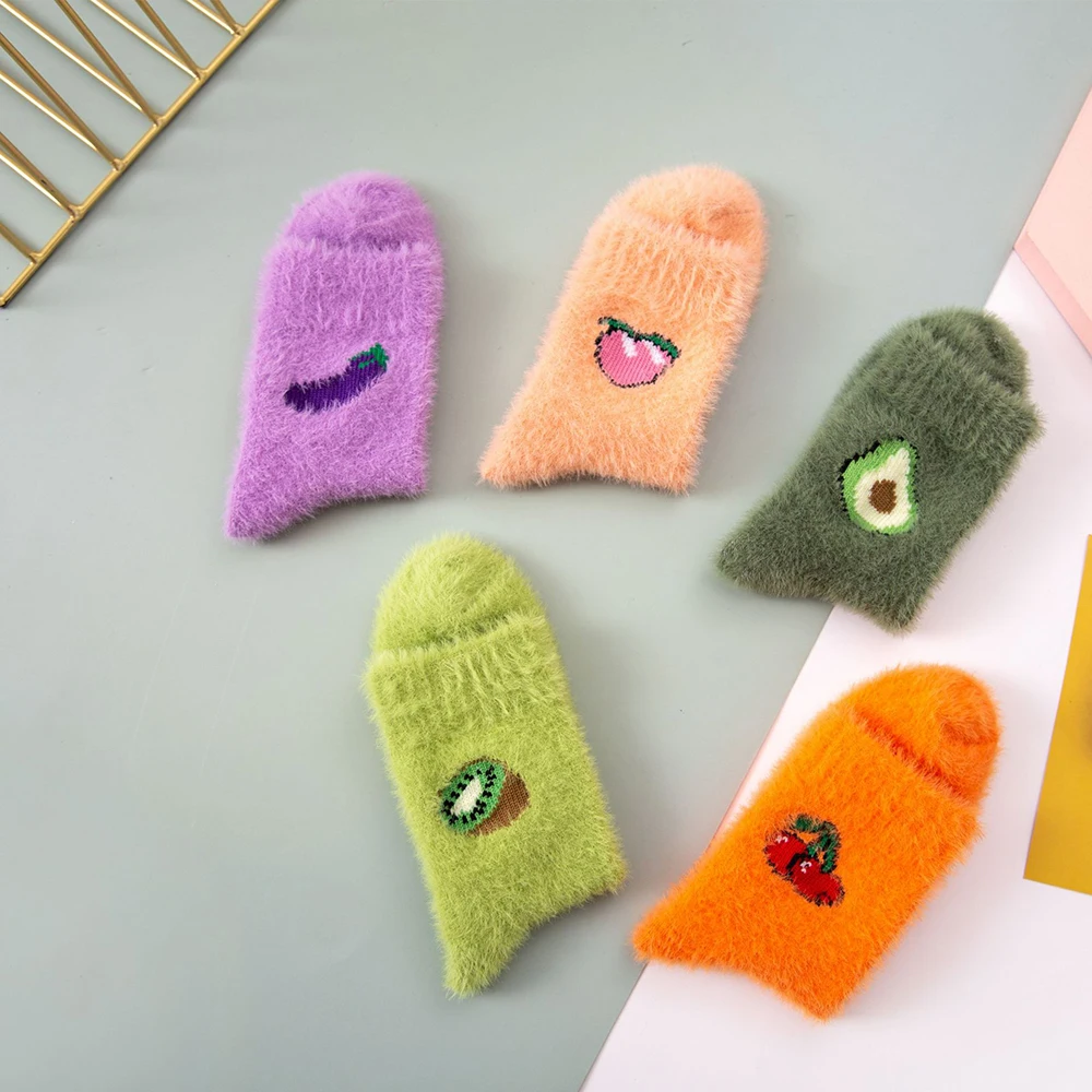 Women Fruit Warm Fluffy Socks Home Casual Avocado Kiwi Cherry Peach Eggplant Floor Sleep Fuzzy Socks Winter Autumn Spring Socks