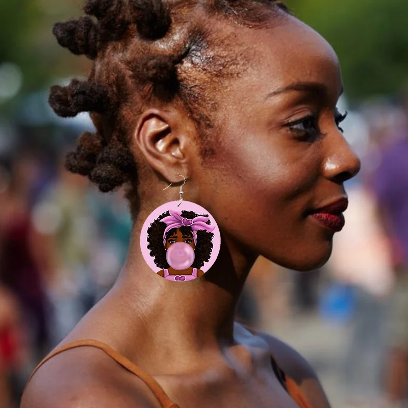 SOMESOOR Lovely Pink Afro Girl Bubble Gum Wooden Drop Earrings African Black Natural Hair Hiphop Dangle Jewelry For Women Gifts