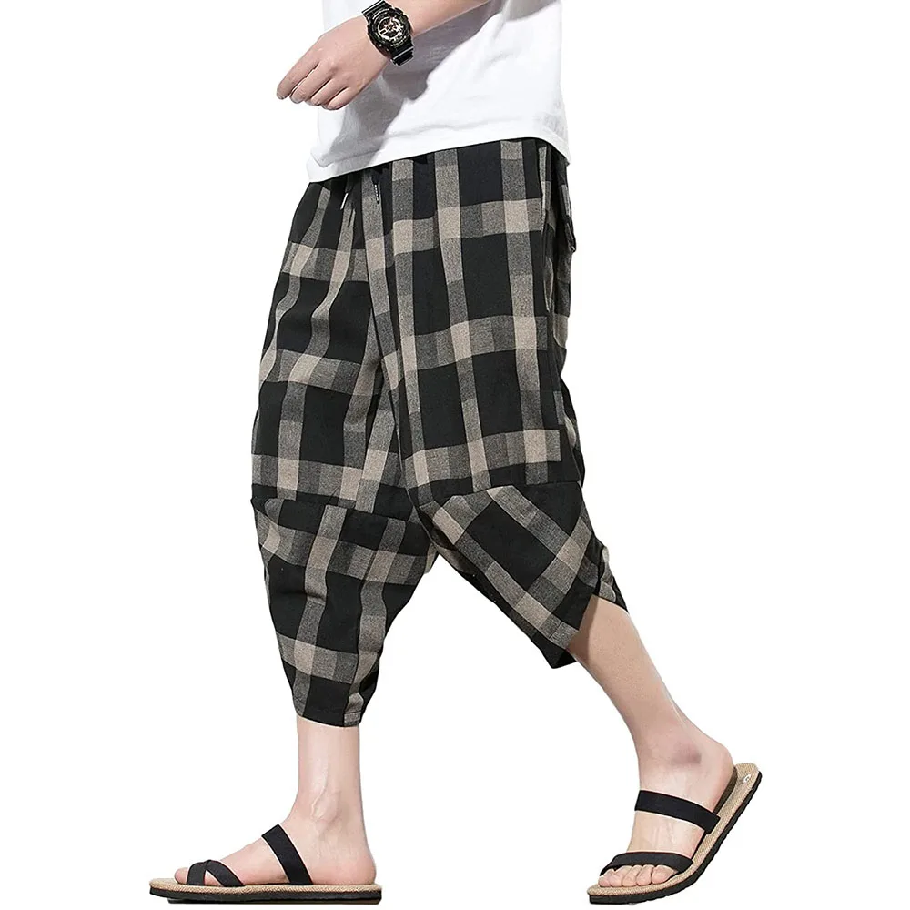 

Men's Harem Pants Lightweight Elastic Waist Yoga Pants Striped Grid Wide Leg Baggy Linen Capri Beach Casual Pants Trousers