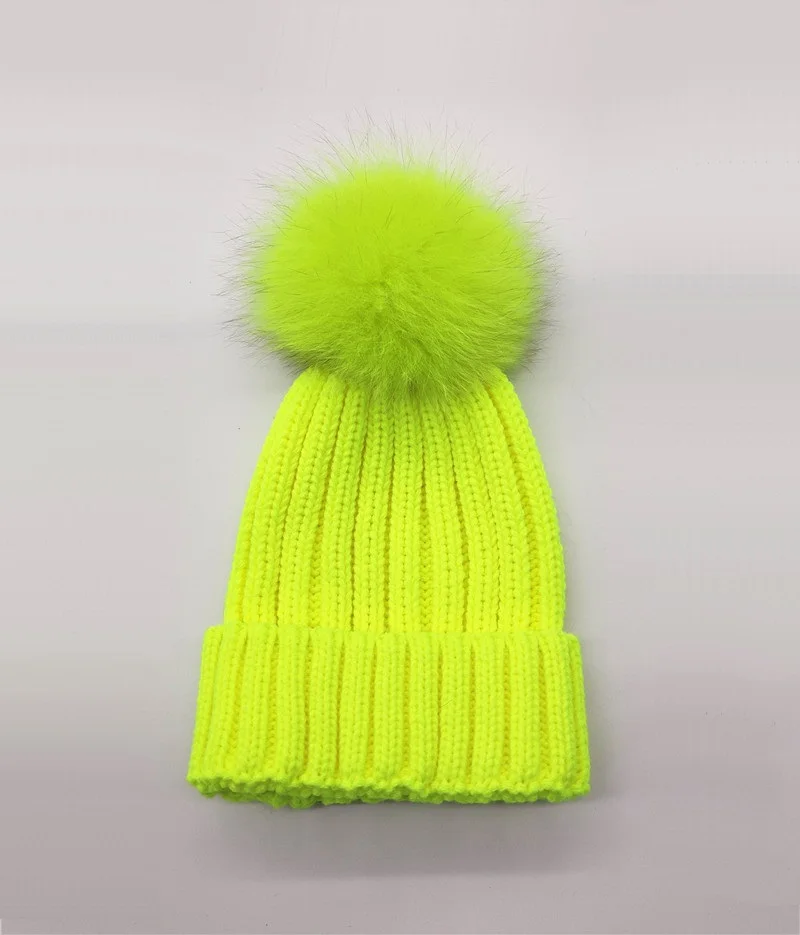 Kid Girl Baby Fluorescein Knitted Beanie Cap Women Man Casual Thick Warm Knitting Skullies Hat Real Fox Fur Pom pom Gorros