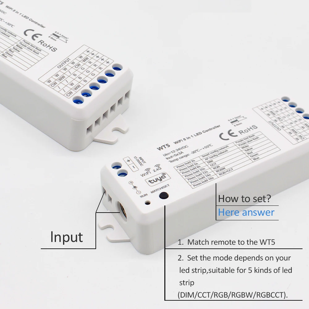 Controller LED RGBCCT 12V 24V DC 5 in 1 Dimmer RGB CCT RGBW RGBWW Strip Tuya Smart Wifi Voce Cloudy 2.4G RF Telecomando WT5