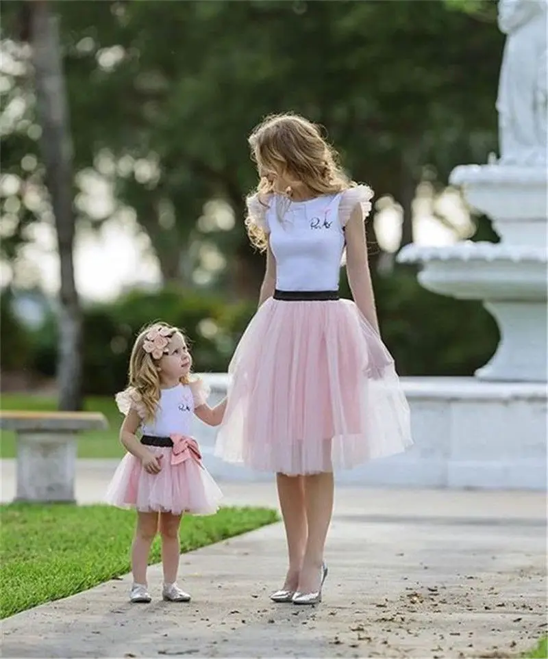 Mother Daughter Casual Summer T-shirt Skirt Tulle Dress Matching Outfits