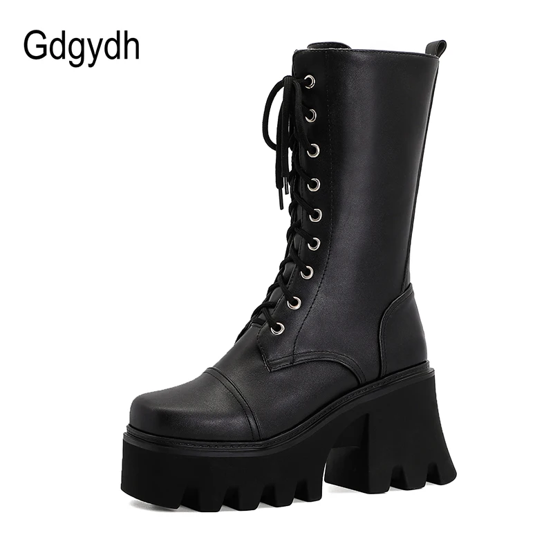 Gdgydh Personality British Style Thick Sole Boots Large Lace Up Platform Boots For Women Leather PU Chunky Heel Winter Shoes