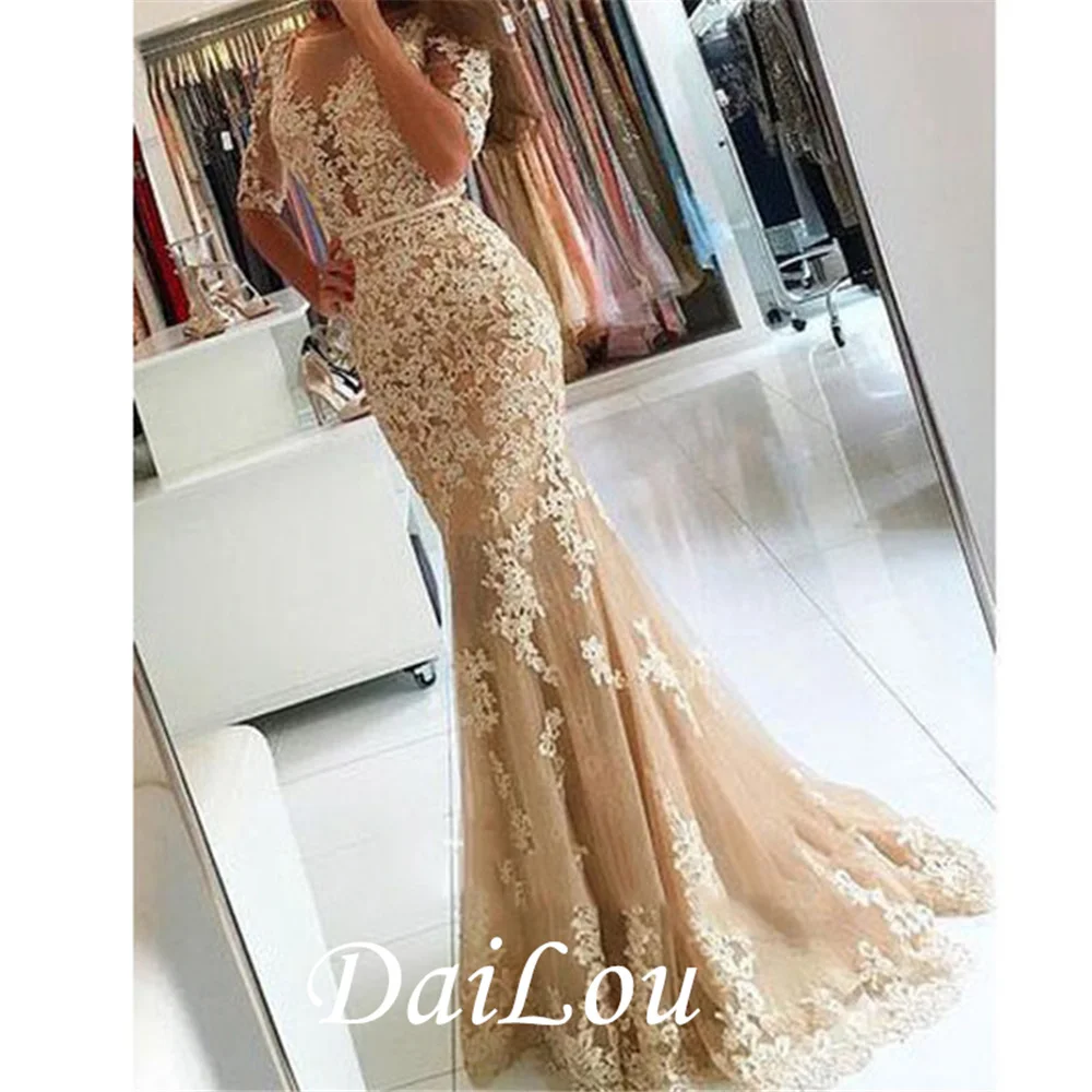 Trumpet Floor-Length Bateau Backless Half Sleeves With Appliques  Evening Dress 2021