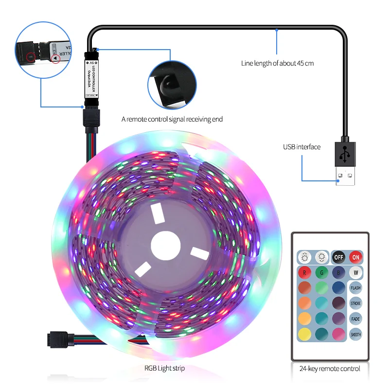 DC 5V LED Strip RGB Light For TV Backlight SMD 2835 Neon LED Strip Remote Control 24Key USB Decorate TV Backlight 1M 2M 3M 4M 5M