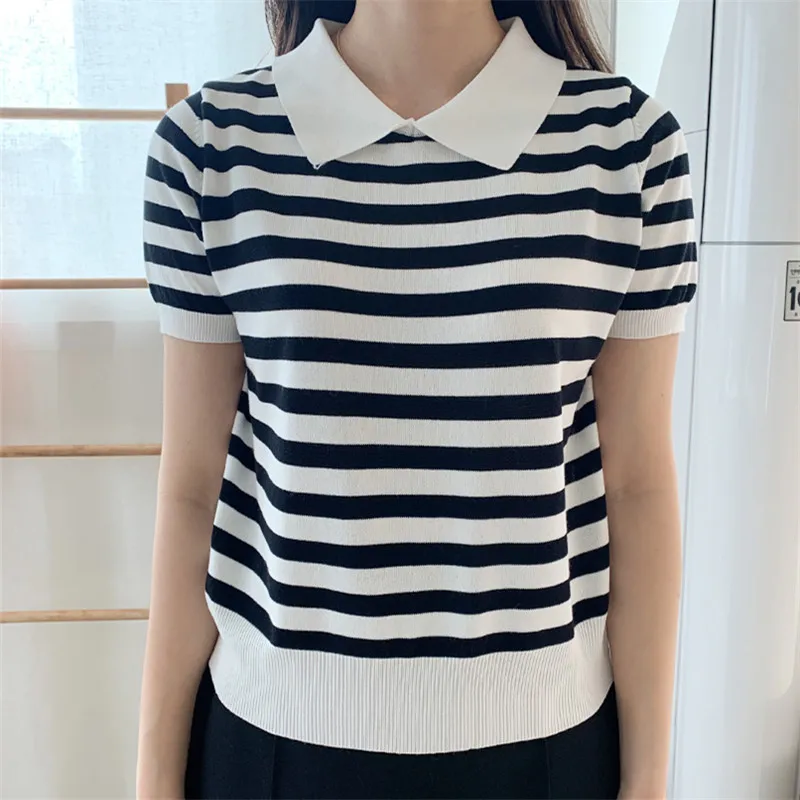 2024 Summer Korean Striped Knitted Tops T-shirts Women Short Sleeve Turn-down Collar Fashion Office Casual Female Tees T Shirts
