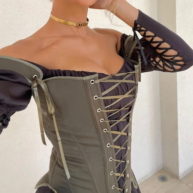 wsevypo Women Strappy Corset, Cross Lace-Up Sleeveless Waspie Girdle Cinch Bustier Tank Tops Accessories Apricot/Army Green