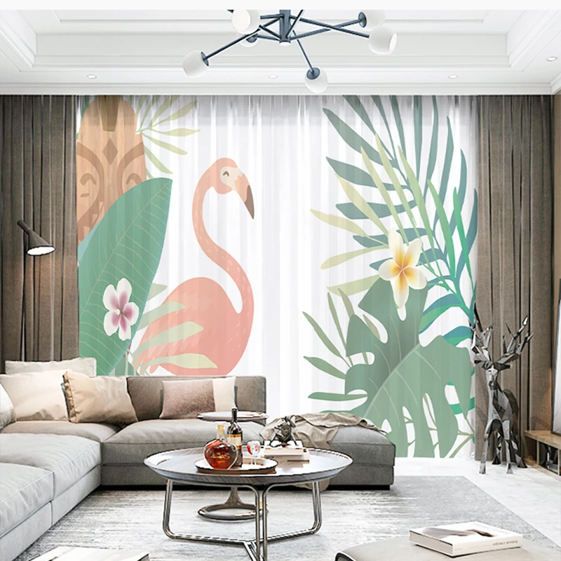 Custom Chiffon Curtain Window Drape for Nursery Kids Children Living Room Flamingo Palm Leaves Khaki Gray Brown Pink Blue