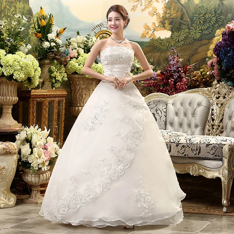 AnXin SH flower lace white vintage strapless beading crystal sleeveless ball gown white lace up customized wedding dress