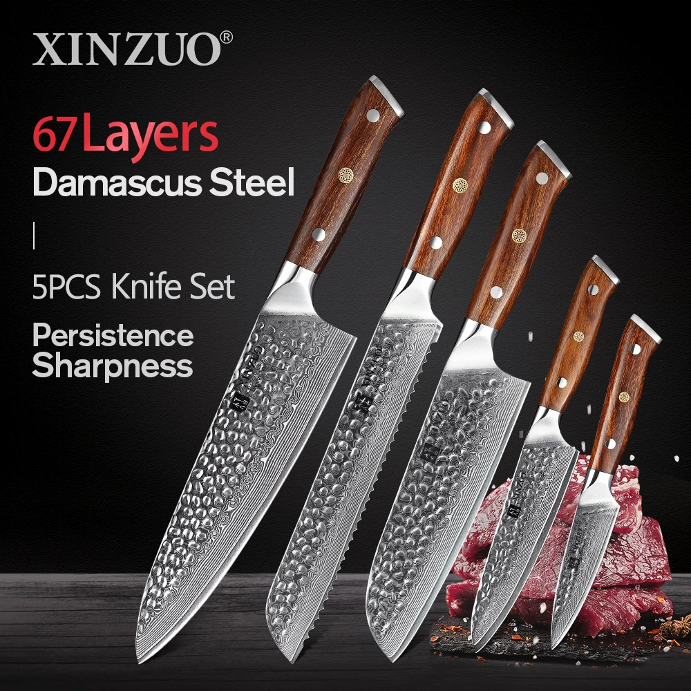 

XINZUO 5 PCS Knife Set Damascus Steel Bread Utility Santoku Paring Chef Kitchen Knives with North America Desert Ironwood Handle