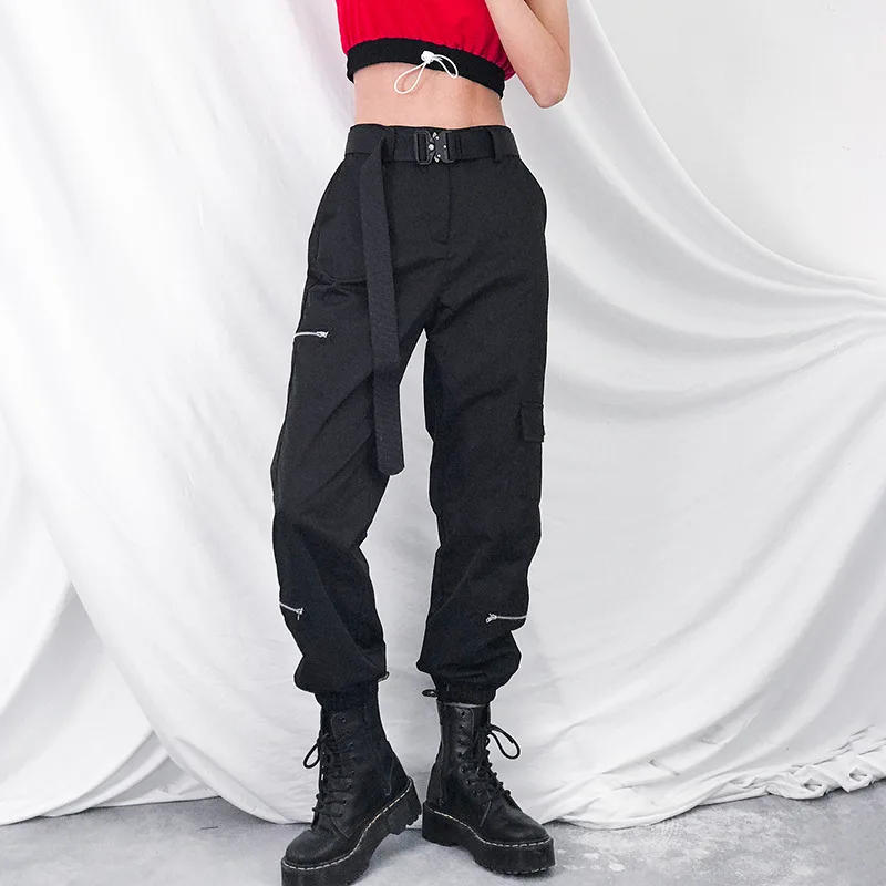 Street Zipper Cargo Pants Women's Fall Black Casual Pants Fashion Loose High Waist Harem Pants Female Capris Utility Pants Women