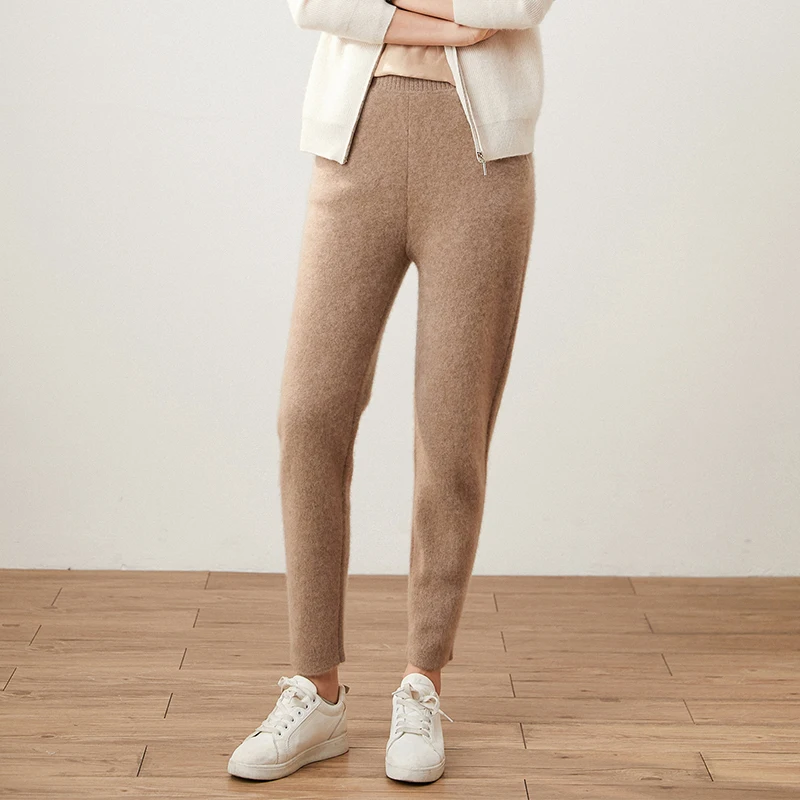 

Women Pants 2021 New Autumn and Winter Soft Comfortable High-Waist 100% Cashmere Knitted Thickening Pants Female Elastic 4Colors