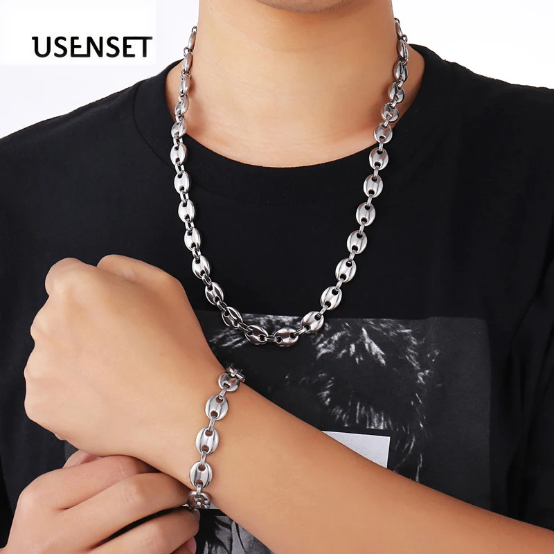 Coffee Bean Chains Necklaces Stainless Steel Bracelets 6MM 8MM 10MM 13MM Jewelry Sets For Men Women Hiphop Statement  USENSET