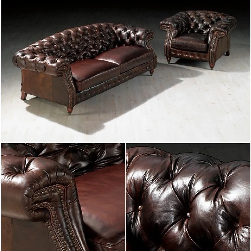 Chesterfield living room Sofa genuine cow leather couch Nordic American top grade leather buttons muebles de sala cama puff asie