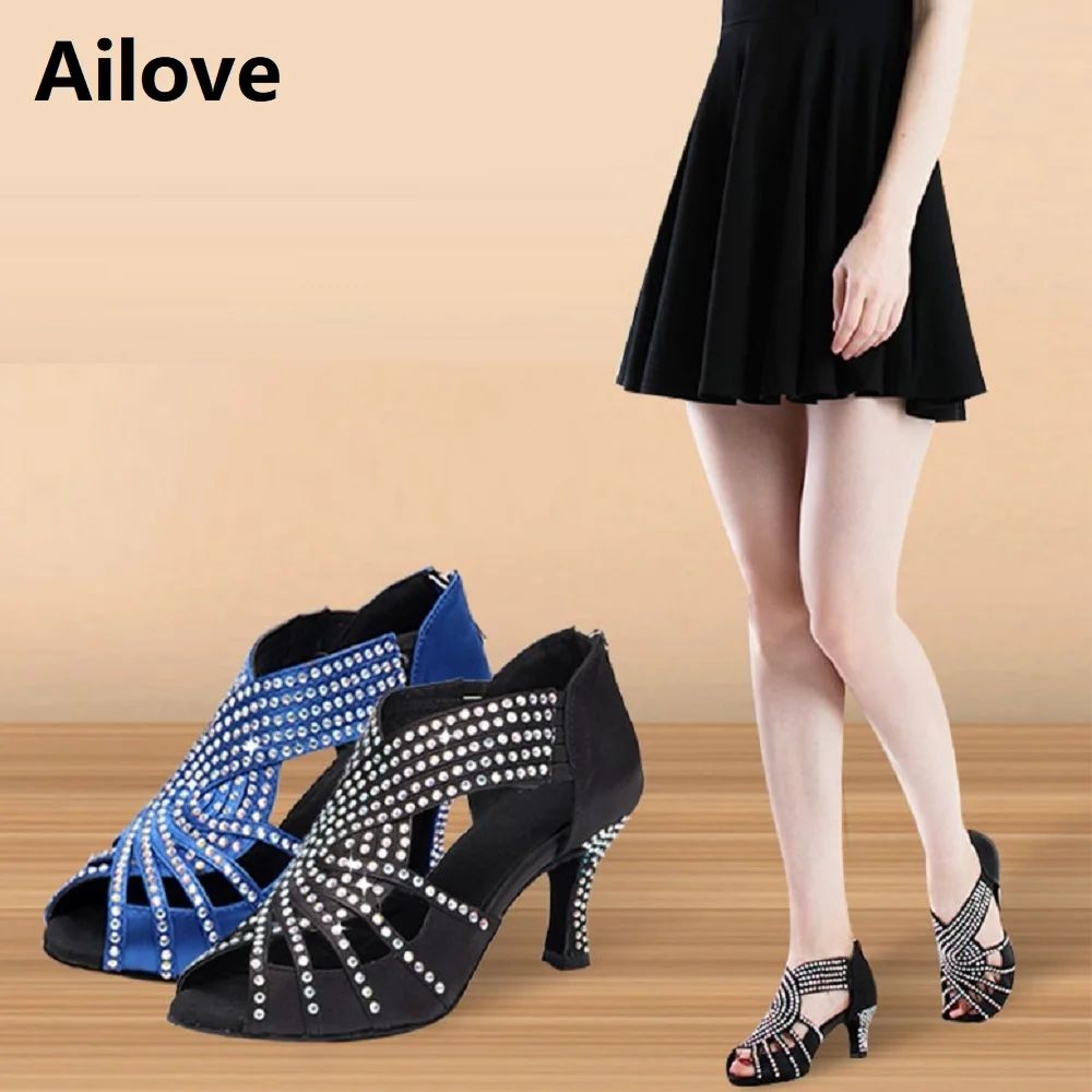 Rhinestones Ballroom Latin Dance Shoes Women Salsa Rumba Performance Peep-toe Danc Sandals Multiple Heel Height ALS035