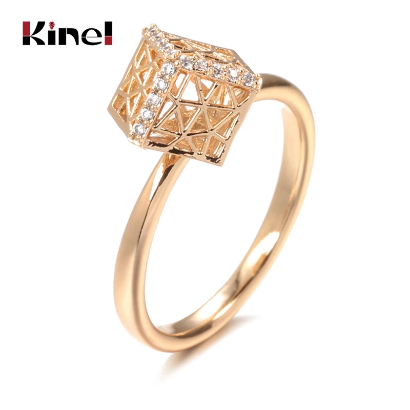 Kinel Unique Women's Jewelry 585 Rose Gold Ring Hollow Pattern Three-Dimensional Square Natural Zircon Vintage Ring for Women