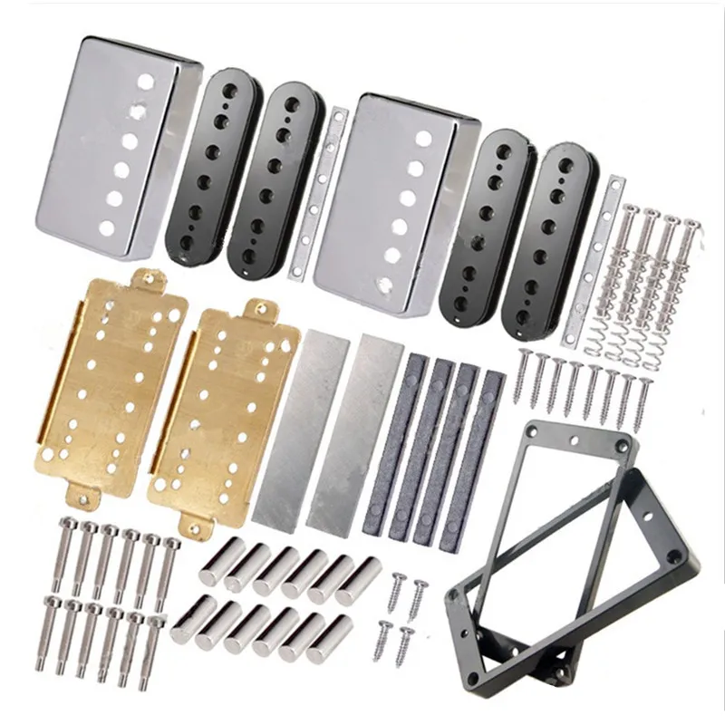 A Set of Guitar Humbucker Pickup Kits Producing Accessories Brass Coverand Baseplate and  Unmagnetized Alnico 5 Bar Magnet