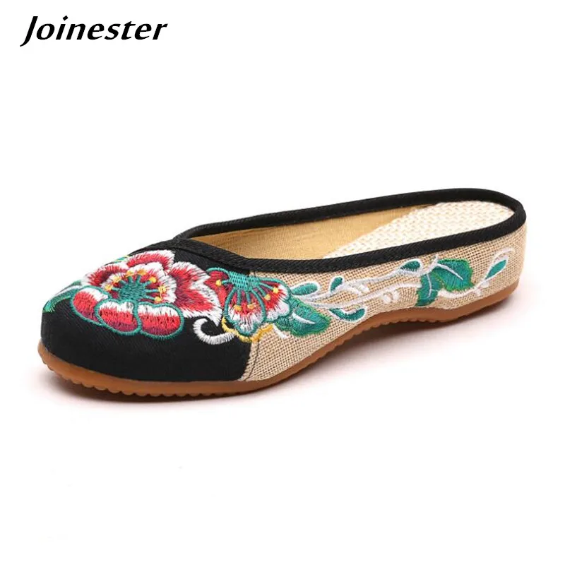 

Ethnic Style Woman Embroidered Slippers Ladies Retro Slides Women Backless Flat Shoes Leisure Dancing Shoe Floral Beach Slipper