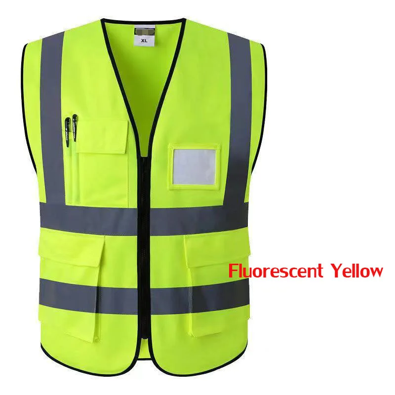 High Visibility Zipper Front Safety Vest With Reflective Strips Bicycle and Motorcycle Riding Safety Clothing Multi-Pockets