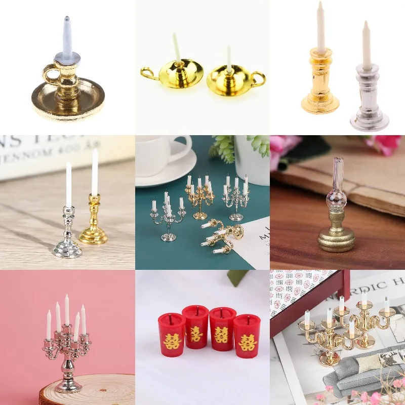 1:12 Scale Miniature Candlesticks Candelabra Dollhouse Candles Furniture Toy Pretend Play Doll House Decoration Accessories