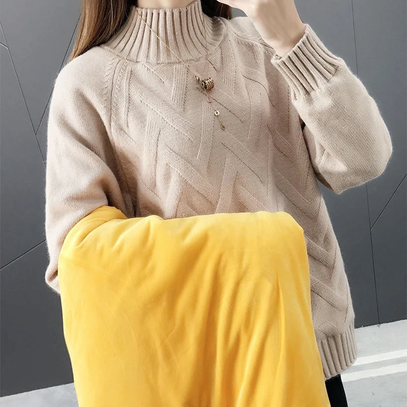 Winter Thicken Plus Velvet Sweaters For Women Casual Warm Knit Pullovers Korean Fleece Lined Knitwear Ribbed Bottomed Tops New